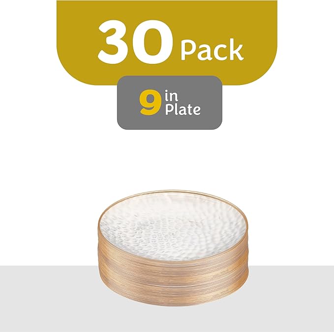 PLASTICPRO 30 Pack Hammered Plastic Plates Heavyweight Disposable Plastic Plates Elegant Clear Hammered Rim Platsic Party Dishes (Hamered Clear With Gold Rim, 9'' INCH PLATES)