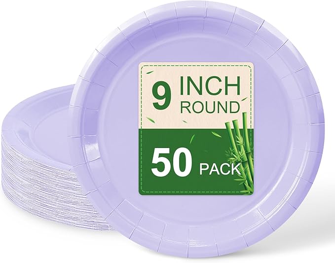 50 Pcs Light Purple Paper Plates, 9 Inch Disposable Dessert Plates for Valentines,Tea Party, Baby Shower, Birthday, Wedding, Graduation, Picnic, BBQ, Party