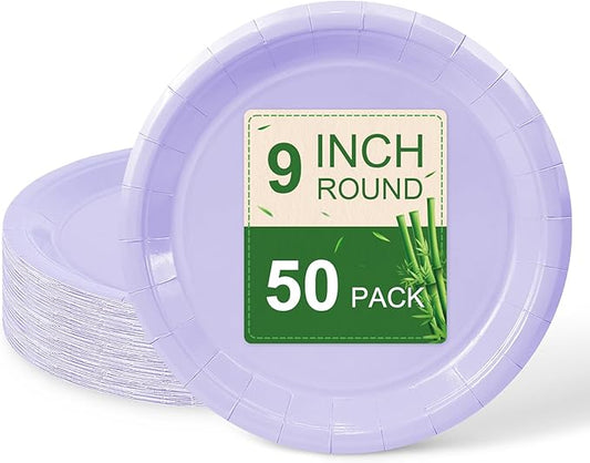 50 Pcs Light Purple Paper Plates, 9 Inch Disposable Dessert Plates for Valentines,Tea Party, Baby Shower, Birthday, Wedding, Graduation, Picnic, BBQ, Party