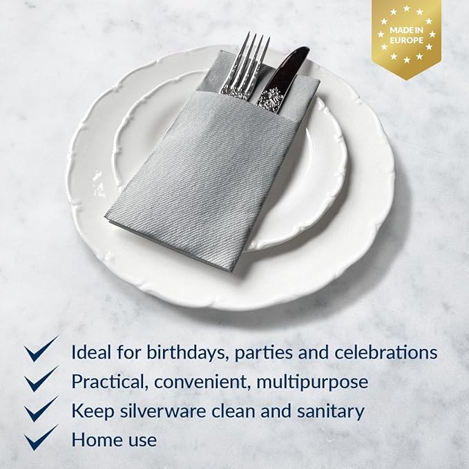 PAW - Linen Feel Napkins with Built-in Flatware Pocket, Airlaid Paper Pre-Folded Napkins for Silverware, Wedding Party, Dinner, Birthday, Gatherings, Monocolor Silver, 50 Count