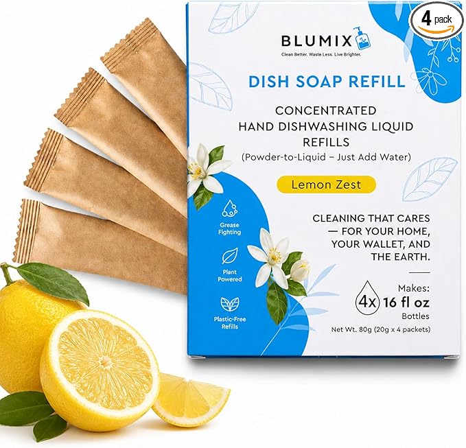 Dish Soap Refill Powder-to-Liquid Concentrate, Just Add Water, Lemon Scent, 4 Packets Make 4 x 16 fl oz Bottles, Grease-Fighting, Plastic-Free