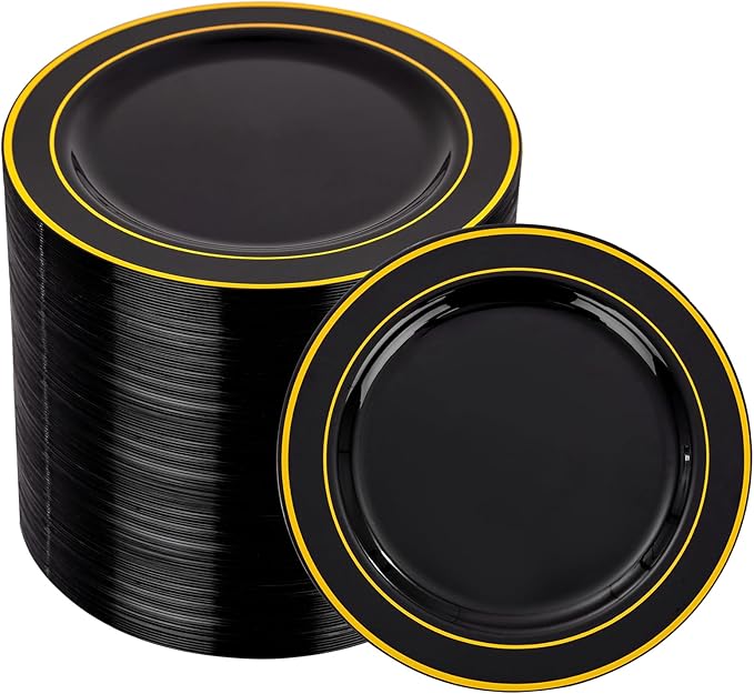 bUCLA 100PCS Black and Gold Plastic Plates - 6.25 inch Black Gold Premium Hard Disposable Dessert/Salad/Appetizer/Small Cake Plates for Party, Graduation & New year