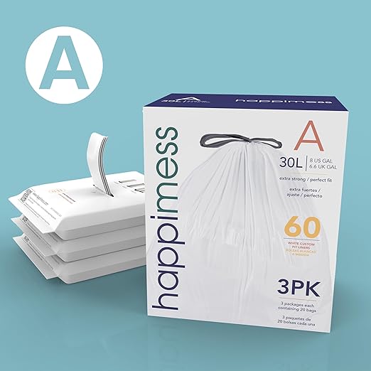 happimess HPM3000A-WHITE 7.9 Gallon Kitchen Drawstring Trash Bags, Trash Can Liner, White, 60-Count, 3-Packs of 20 Liners