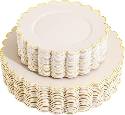 LIYH 60 Pcs Ivory and Gold Scalloped Plastic Plates - Disposable Fancy Combo Plates Includes 30 Dinner Plate 10.25" and 30 Dessert Plate 7.5" Plastic Heavy Weight Party Tableware Dishes