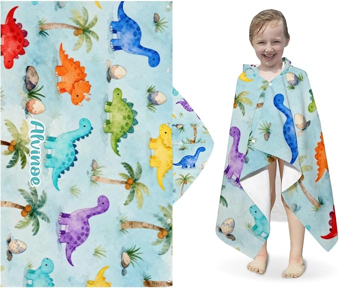Forest Dinosaur Personalized Hooded Towel Absorbent Wrap Soft Pool Beach Bath Towels Hood Poncho for 5-12 Years Kids Boys Girls