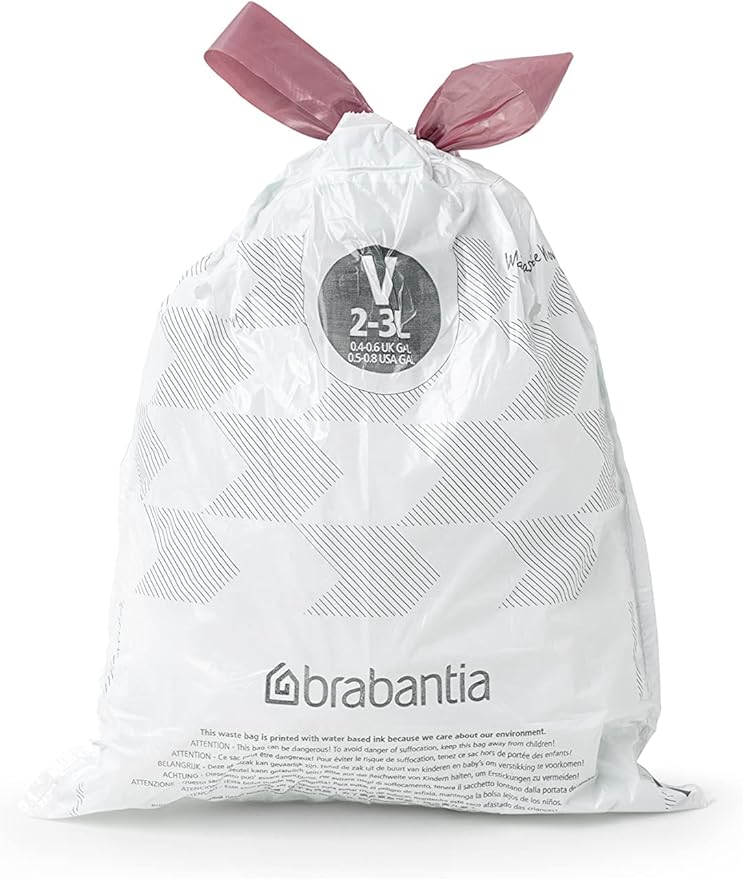 Brabantia PerfectFit Trash Bags (Size V/0.5-0.8 Gal) Thick Plastic Trash Can Liners with Drawstring Handles (200 Bags)