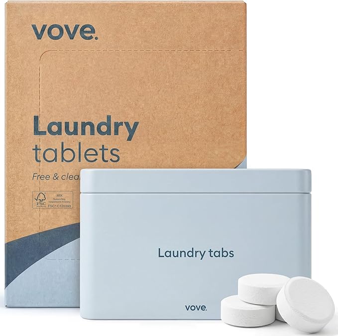 Vove Laundry Detergent Tablet Starter Set, 40 Loads with Reusable Storage Tin - Plastic-Free, PVA-Free, Zero Microplastics - Enzyme-Powered, Plant-Based, Fragrance-Free, Works in Cold Water