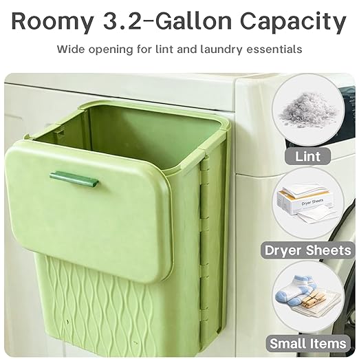 Magnetic Lint Bin for Laundry Room, Extra Large Foldable Lint Trash Can with Lid and Dryer Lint Brush, Wall Mounted Laundry Room Organization and Storage, Green