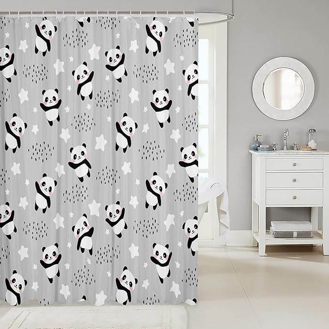 Homewish Cute Panda Shower Curtain Kawaii Animals Bathroom Shower Curtain Set for Kids Adult Black White Gray Bath Curtain Cartoon Panda Waterproof Curtains Room Decor 72 x 72 Inch