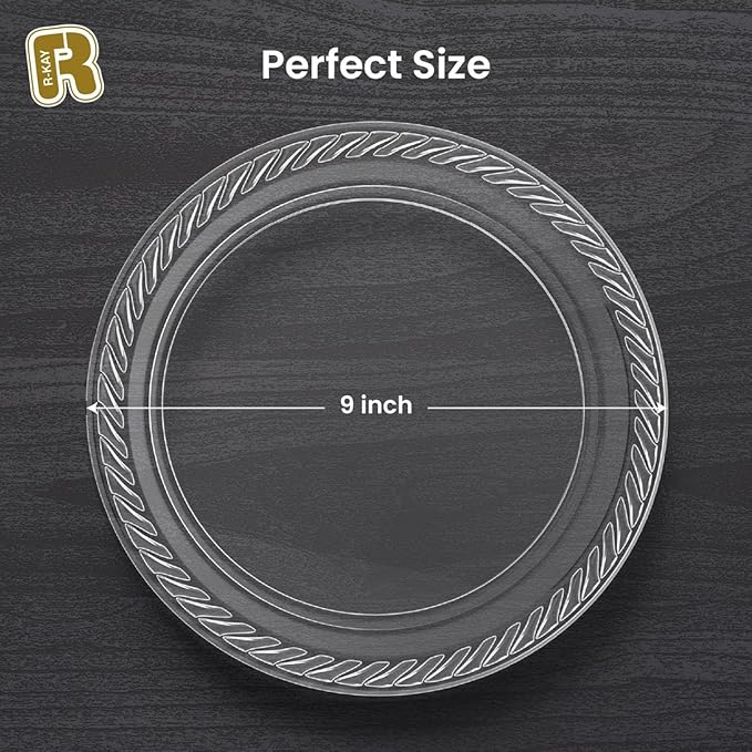 R-kay 100 Pack 9 Inch Clear Plastic Plates Disposable - Heavy Duty 9 Inch Clear Plates For Party - Microwavable Clear Disposable Plates
