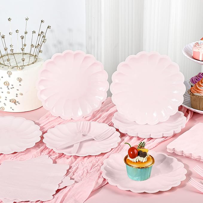 75 Pcs Pink Paper Plates and Napkins Disposable Tableware Set Include Light Pink Scalloped Plates with Shell Edge, Napkins & Forks for Mother's Day Wedding Baby Shower Birthday, Serve for 25 Guests