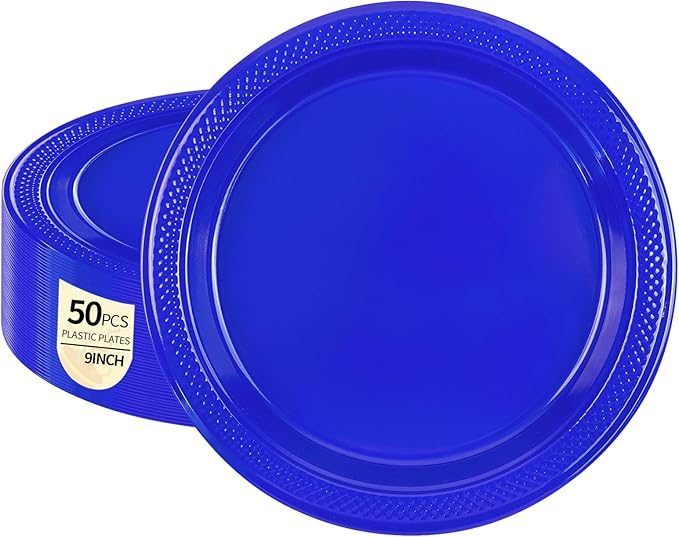 50-Pack Royal Blue Plastic Plates, 9 Inch Disposable Party Plates Dinner Plates for BBQ Picnic Birthday Party Supplies (Royal Blue, 9 Inch)