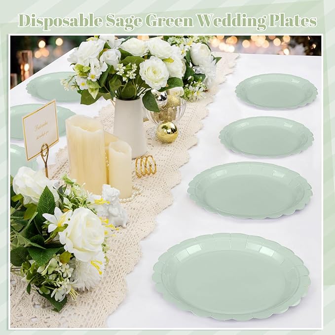 NatNarr 30 Pcs Sage Green Paper Plates 9 Inch Disposable Scalloped Wedding Plates Cute Dessert Cake Plate Party Dinner Plate for Spring, Bridal Baby Shower, Engagement, Birthday