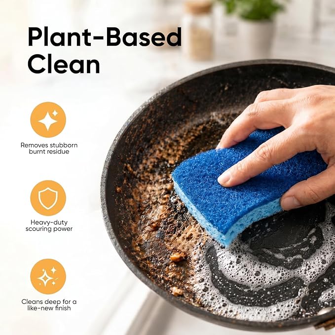 Superio Non-Scratch Cellulose Sponge Kitchen Scrub Sponges with Scouring Pad Set, Good for Non-Stick Cookware Frying Pan, Pot, Counter Top, Sink Scrubbing, Kitchen Scrubbers, Pack of 1, Blue
