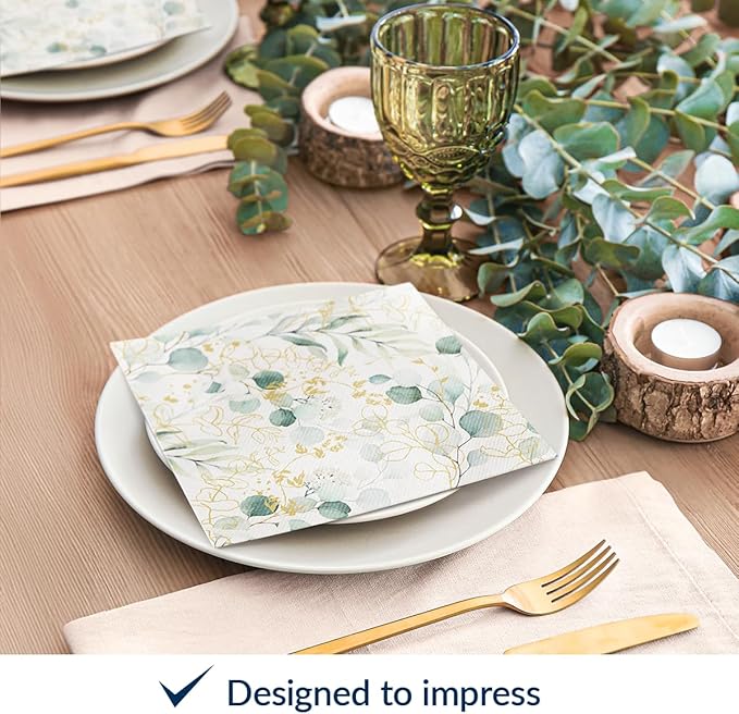 PAW - 50 Pieces Airlaid Paper Linen-Feel Napkins 16" x 16", Disposable Cloth-Like Napkins with Eucalyptus Design, Dinner Napkins for Kitchen, Party, Wedding, Barbecue, Picnic