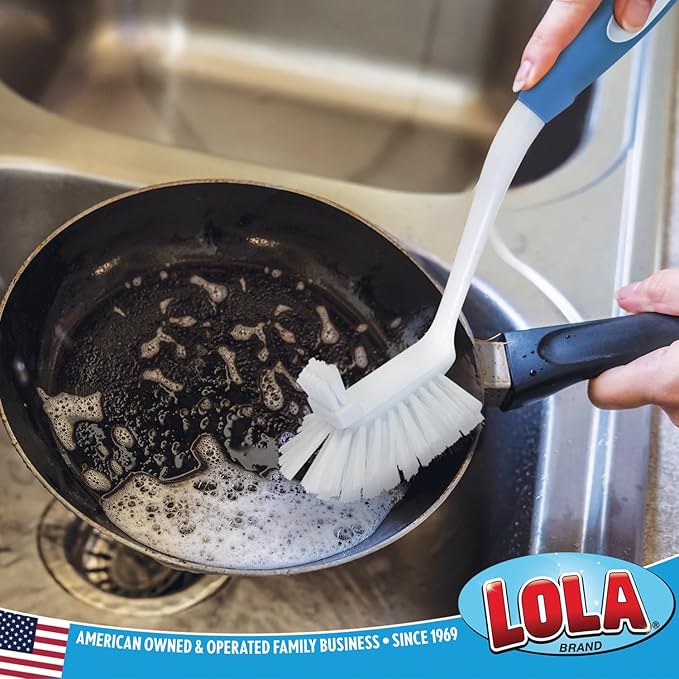 LOLA Pro Utility All Purpose Kitchen Cleaning Brush, 4 Pack, Durable Bristles, Comfort Ergonomic Rubber Non-Slip Grip, Built-in Food Scraper