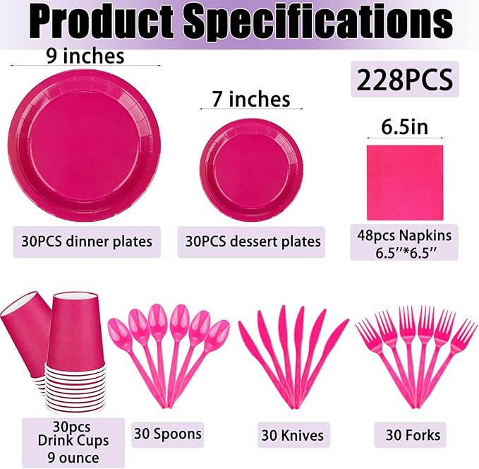 228PCS Hot Pink Party Supplies Set Include Paper Plates Cups Hot Pink Napkins Plastic Spoons Forks Knives for 30Guests Disposable Party Dinnerware Sets for Birthday Wedding Family Picnic