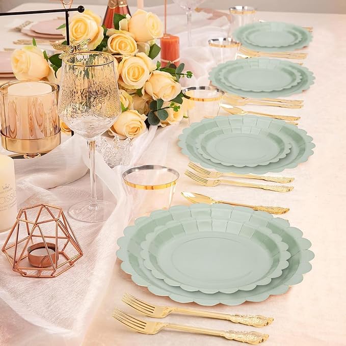 168 Pcs Sage Green Paper Plates and Napkins, Sage Green Party Supplies Include Scalloped Plate Napkins Cups Forks Knives Disposable Plastic Cutlery for Wedding, Baby Shower Birthday Party
