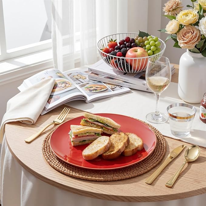 WDF 300Pcs Red Disposable Plates - Red Plastic Plates - 50guest Disposable Dinnerware Include 50 Dinner Plate, 50 Dessert Plate, 150 Cutlery & 50 9oz Cups for Wedding/Birthday/Party