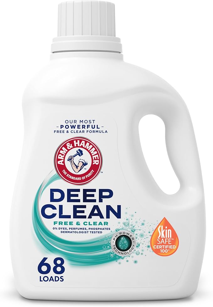 ARM & HAMMER Deep Clean Free & Clear Liquid Laundry Detergent, Free of Dyes, and Perfumes, Dermatologist Tested, 102 Fl Oz, 68 Loads