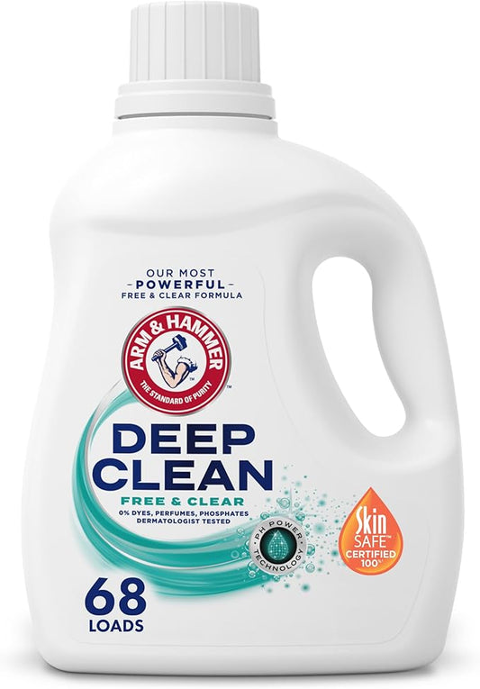 ARM & HAMMER Deep Clean Free & Clear Liquid Laundry Detergent, Free of Dyes, and Perfumes, Dermatologist Tested, 102 Fl Oz, 68 Loads