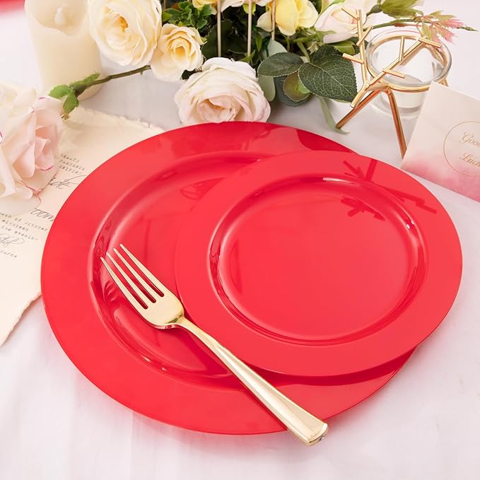 FLOWERCAT 60PCS Red Plastic Plates - Heavy Duty Red Plates Disposable for Party - Include 30PCS 10.25inch and 30PCS 7.5inch for 30 guests Birthday Party & Mother's Day &Events& July 4th