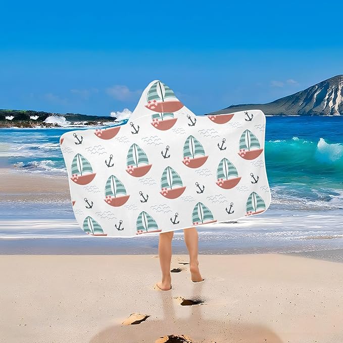 susiyo Kids Hooded Bath Towel Cute Boat Anchor Beach Towel for Kids 23.5 x 50 Inch Microfiber Soft Absorbent Quick Dry Bath Swim Pool Towel Wrap Poncho Bathrobe with Hood for Kids Toddler
