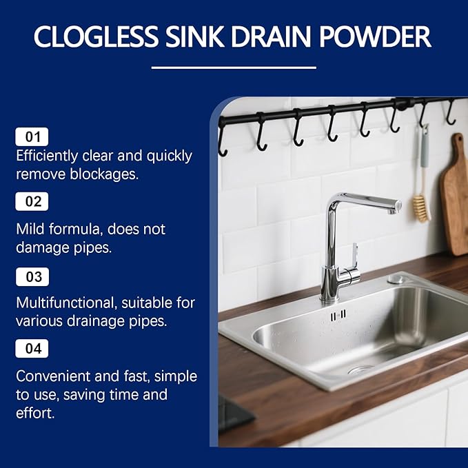 Clogless Sink Drain Powder – Pipe Unblocking & Sewer Cleaning Solution for Kitchen, Bathroom & Laundry Drains, Odor Reduction & Easy-to-Use Powder, 8-Pack