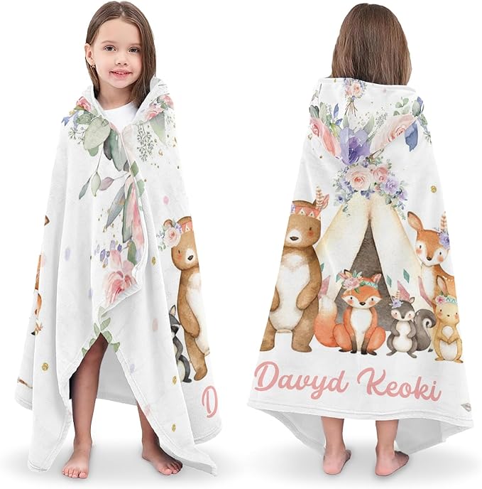 Animals Safari Floral Personalized Kids Hooded Towel with Name Soft Absorbent Beach Pool Bath Towels Hood Poncho for Boys Girls