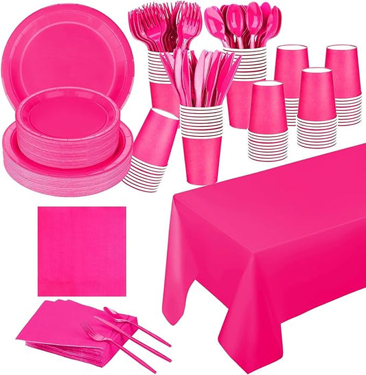 229PCS Hot Pink Party Supplies Set - Paper Disposable Plates Cups Plastic Spoons Forks Knives Napkins Serve 30 Guests