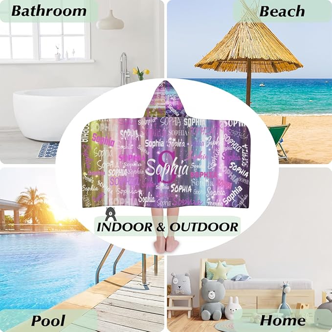 Custom Kids Hooded Bath Towel with Name, Personalized Name Hooded Towel for Boys Girls, Customized Beach Towel Gift for Children, 24" x 50", Purple Yellow Stripes with Stars