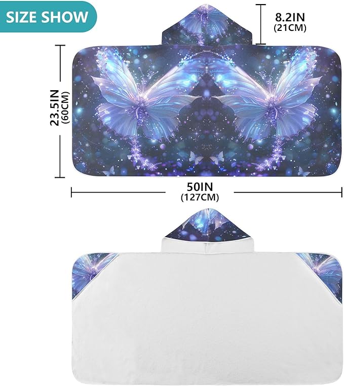Hooded Towel for Kids Glowing Blue Butterfly Beach Wrap Bath Towels 50x23.5in