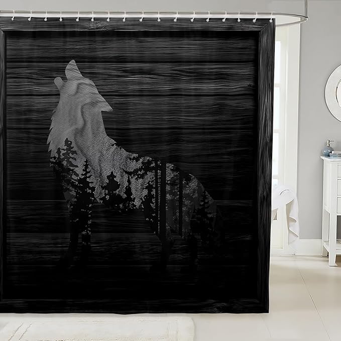 Rustic Wolf Shower Curtain Kids Farmhouse Wild Animal Bathroom Shower Curtain Set for Boys Rustic Cabin Country Bath Curtain Nature Bear Western Farmhouse Black Grey Kids Bathroom Accessories 72"x78"
