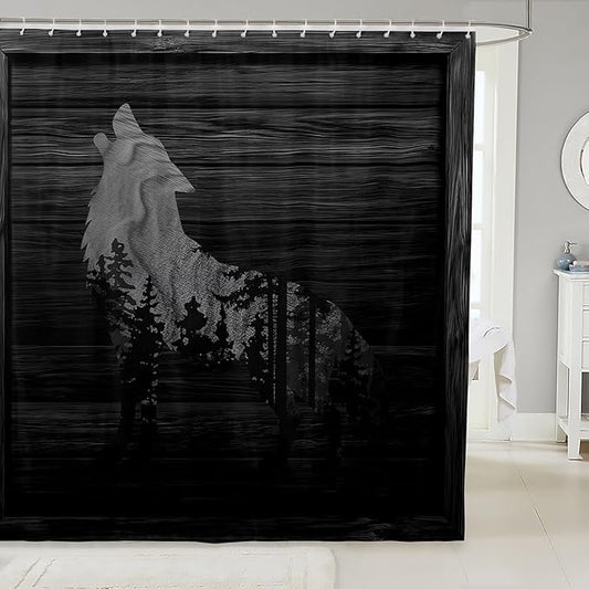 Rustic Wolf Shower Curtain Kids Farmhouse Wild Animal Bathroom Shower Curtain Set for Boys Rustic Cabin Country Bath Curtain Nature Bear Western Farmhouse Black Grey Kids Bathroom Accessories 72"x78"
