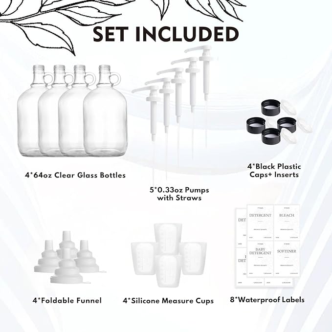 4 Pcs Glass Liquid Laundry Detergent Dispenser, Half Gallon Laundry Soap Dispenser for Laundry Room (64 oz. Each), Laundry Detergent Bottles with Pump Dispenser -Includes Labels, Funnel, Measuring Cup