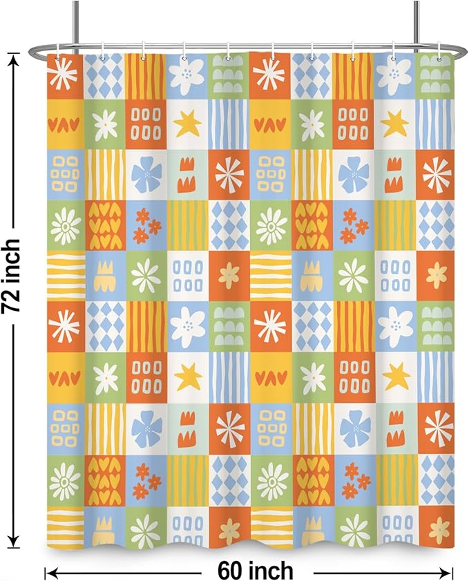 Boho Checkered Floral Shower Curtain Set Multicolored Geometric Flower Print Shower Curtains for Bathroom Waterproof Fabric Bathtub Decorations with Hooks 60x72 Inches