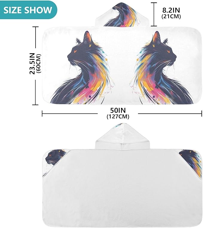 Hooded Towel for Kids Watercolor Colored Cat Beach Wrap Bath Towels 50x23.5in