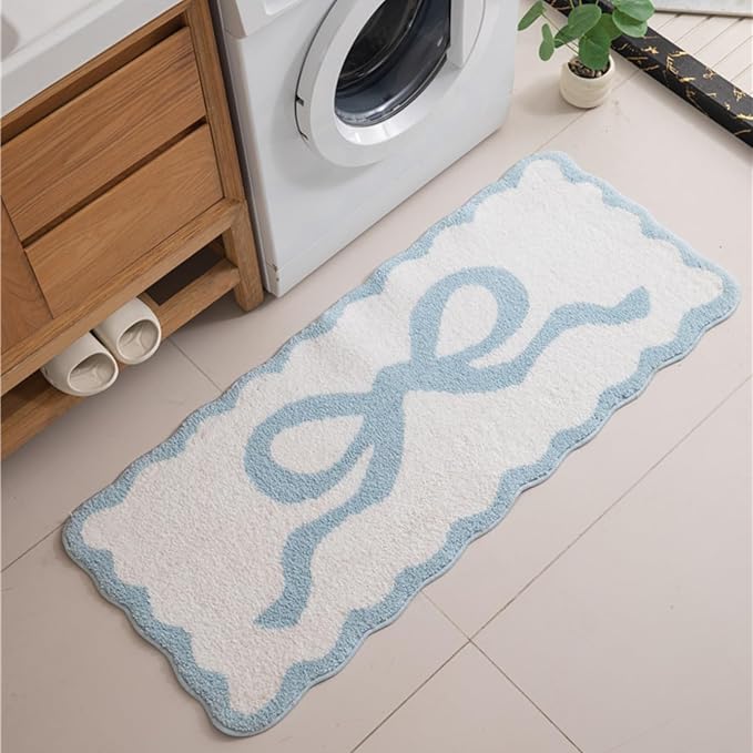 Blue Scalloped Bathroom Mat 26x18, Soft Absorbent Bath Mats, Machine Washable Microfiber Floor Mats for Bathroom Tubs, Sinks and Showers