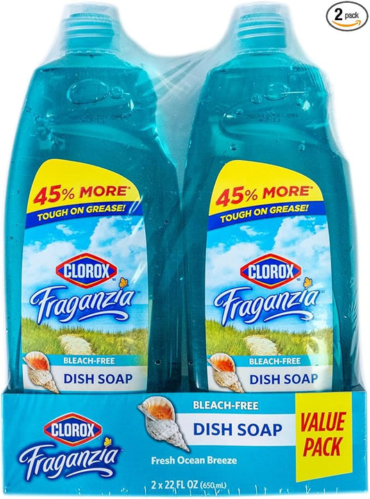 Clorox Fraganzia Liquid Dishwashing Soap, Ocean Scent - Cuts Through Tough Grease Fast, Quick-Rinsing Formula Washes Away Grime, A Powerful Clean You Can Trust, 22 Fl Oz, Pack of 2