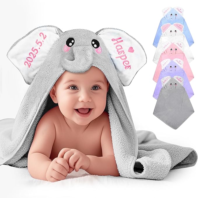 Baosity Custom Elephant Hooded Baby Towel with Name, Personalized Soft Absorbent Bath Towel, Shower Towels for Girls Boys, Easter Christmas Brithday for Kids Baby, Toddler, Newborn Essential