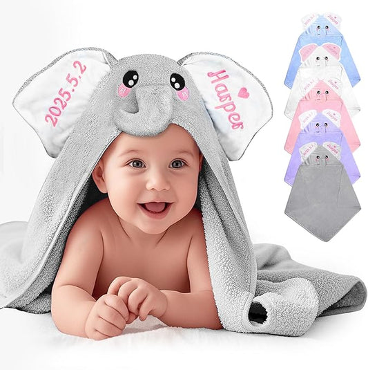Baosity Custom Elephant Hooded Baby Towel with Name, Personalized Soft Absorbent Bath Towel, Shower Towels for Girls Boys, Easter Christmas Brithday for Kids Baby, Toddler, Newborn Essential