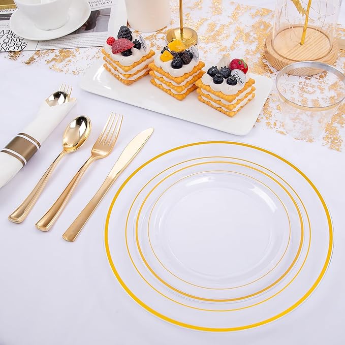 WELLIFE 210PCS Clear-Gold Plastic Plates - Dinnerware Sets for 30 Guests - 60 Disposable Plates, 90 Plastic Silverware, 30 Cups, 30 Napkins for Party