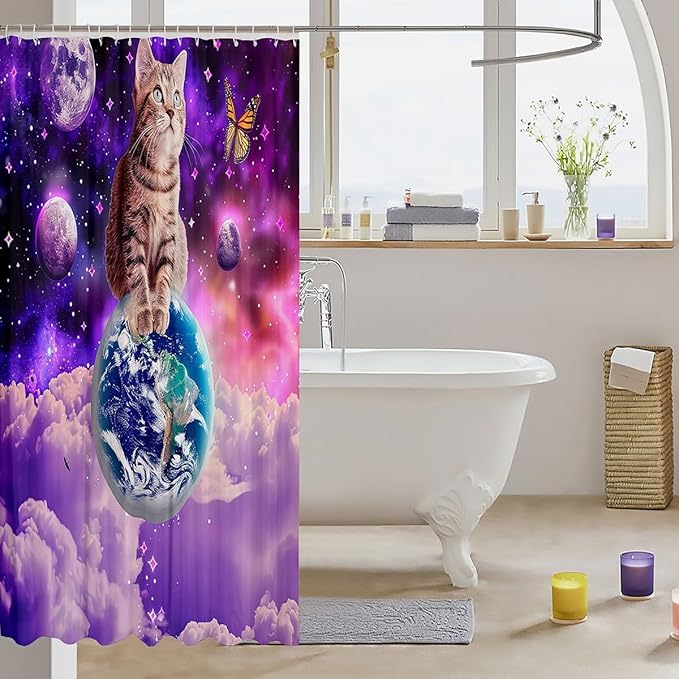 Little Cat Shower Curtain Cute Kitten Shower Curtain Set Galaxy Starry Sky Bath Curtain Universe Planet Star Purple Nebula Cosmic Outer Space Lovely Pet Animal Themed Bathroom Decor 72"Wx72"L