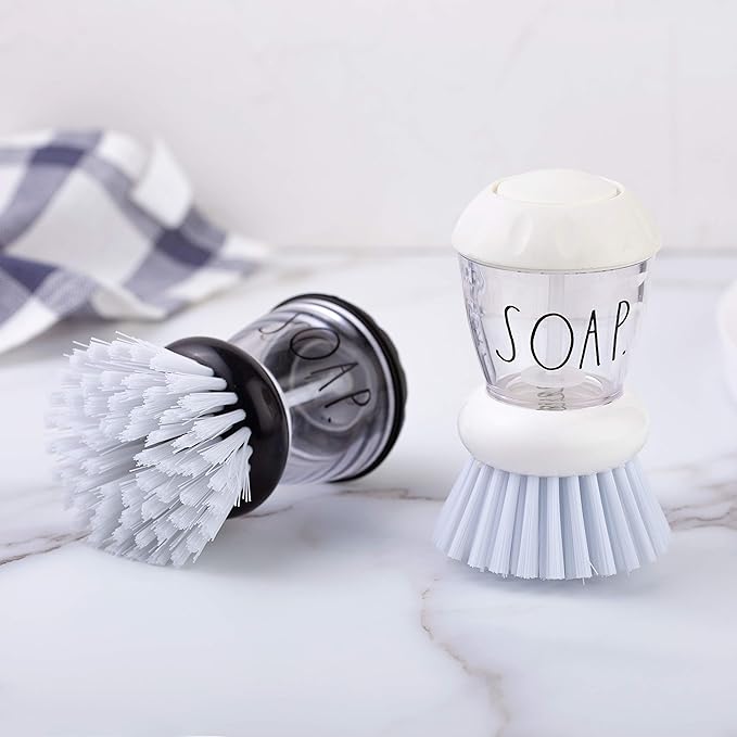 Rae Dunn Collection Soap Dispensing Dish Brush Set - Set of 2 Palm Brush Dish Scrubber with 2 Replacement Brush Heads