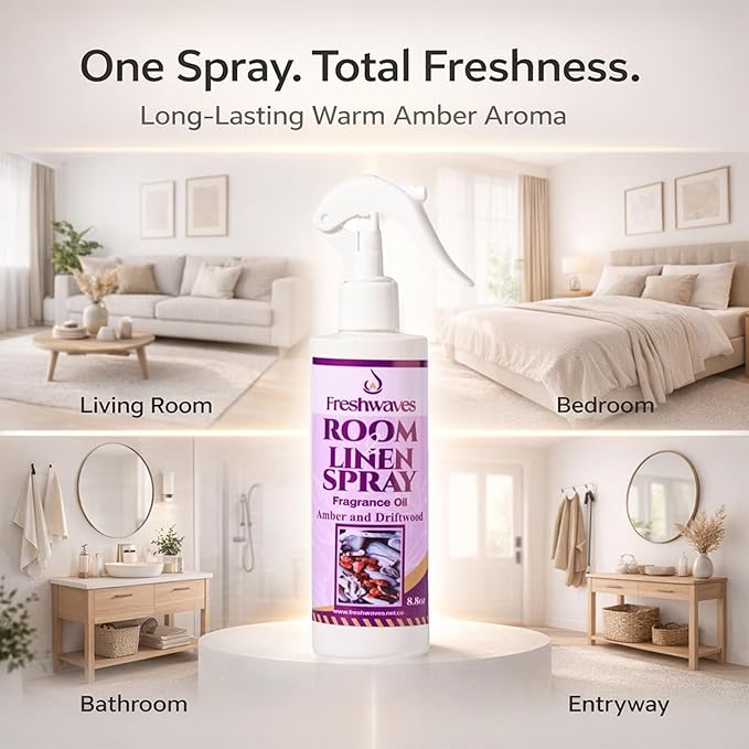 Freshwaves Room & Linen Spray | Amber & Driftwood Fragrance Oil | 8.8oz Air Freshener | Odor Eliminator for Living Room, Bedroom, Bathroom & Office | White Bottle