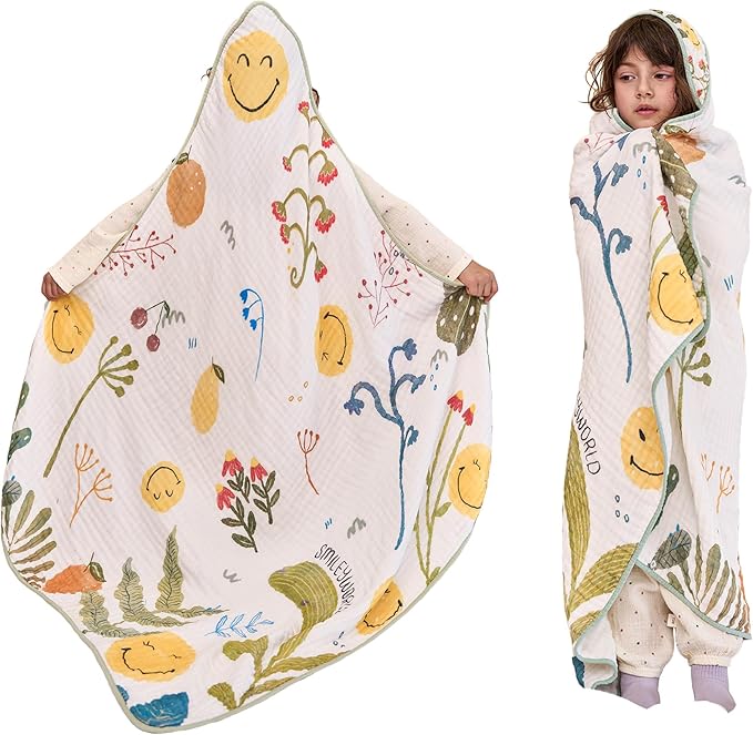 SMILEYWORLD Kids Hooded Beach Towels Poncho, 45" x 45" Large Oversized Bath Towels, 100% Cotton Toddlers Swimming Pool Towels, Absorbent Six-Layer Gauze Quick Dry Wrap for Boys Girls (Garden Pattern)