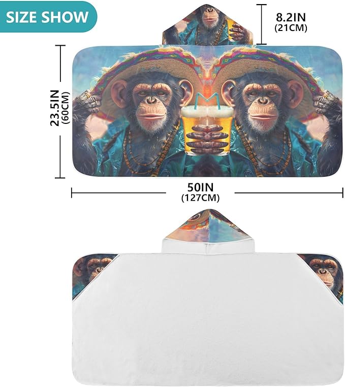 Hooded Towel for Kids Happy Monkey Drinks Beach Wrap Bath Towels 50x23.5in