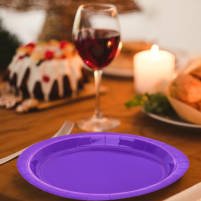 Disposable Paper Plates Set, 50 PCS Purple Dinner Paper Plates, Round 9 Inches Party Plates Pack for Daily Meal Picnic Anniversary Mardi Gras Carnival Festival Gathering Party Supplies