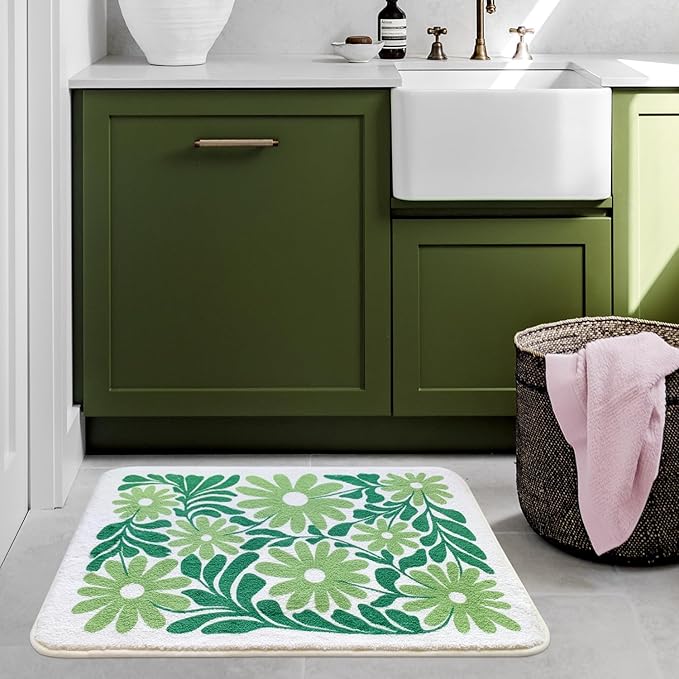 SHIYUE Cute Green Flower Bath Mat for Bathroom Rugs, Ultra Soft and Fluffy Microfiber Water Absorption Non Slip Mat for Bedroom Kitchen Bathroom Toilet Floors(18"×26")