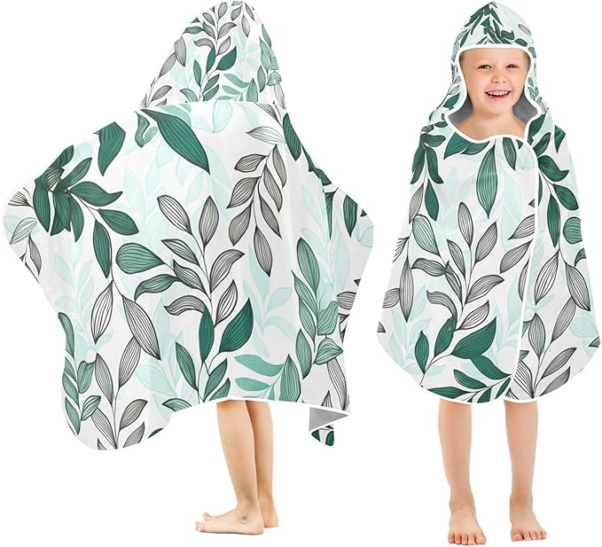 CEBUGI Dark Green Leaves Hooded Bath Towel for Kids Absorbent Soft Bath Towel Wrap with Hood 50x23.5in Pool Beach Shower Towel for Boys Girls
